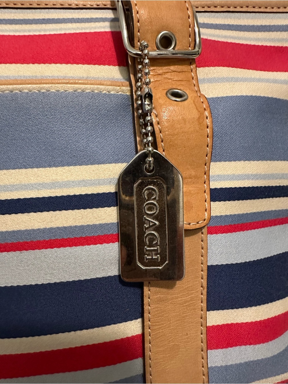 Vintage Coach Hampton Striped Canvas & Leather Blue/Red - Picture 3 of 13